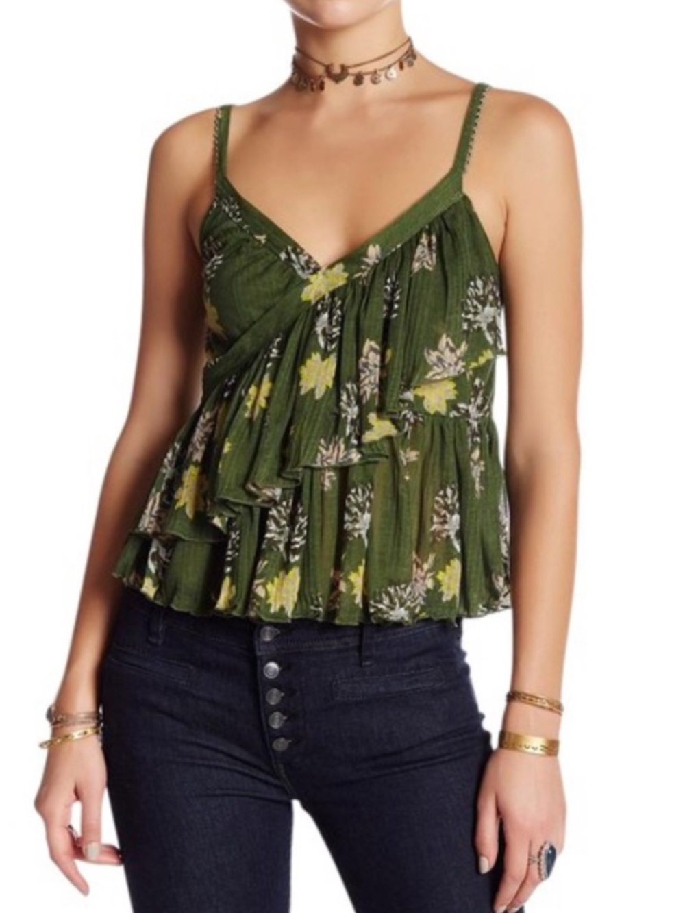 Free People Melbourne Green Floral Ruffle Tank Womens size M